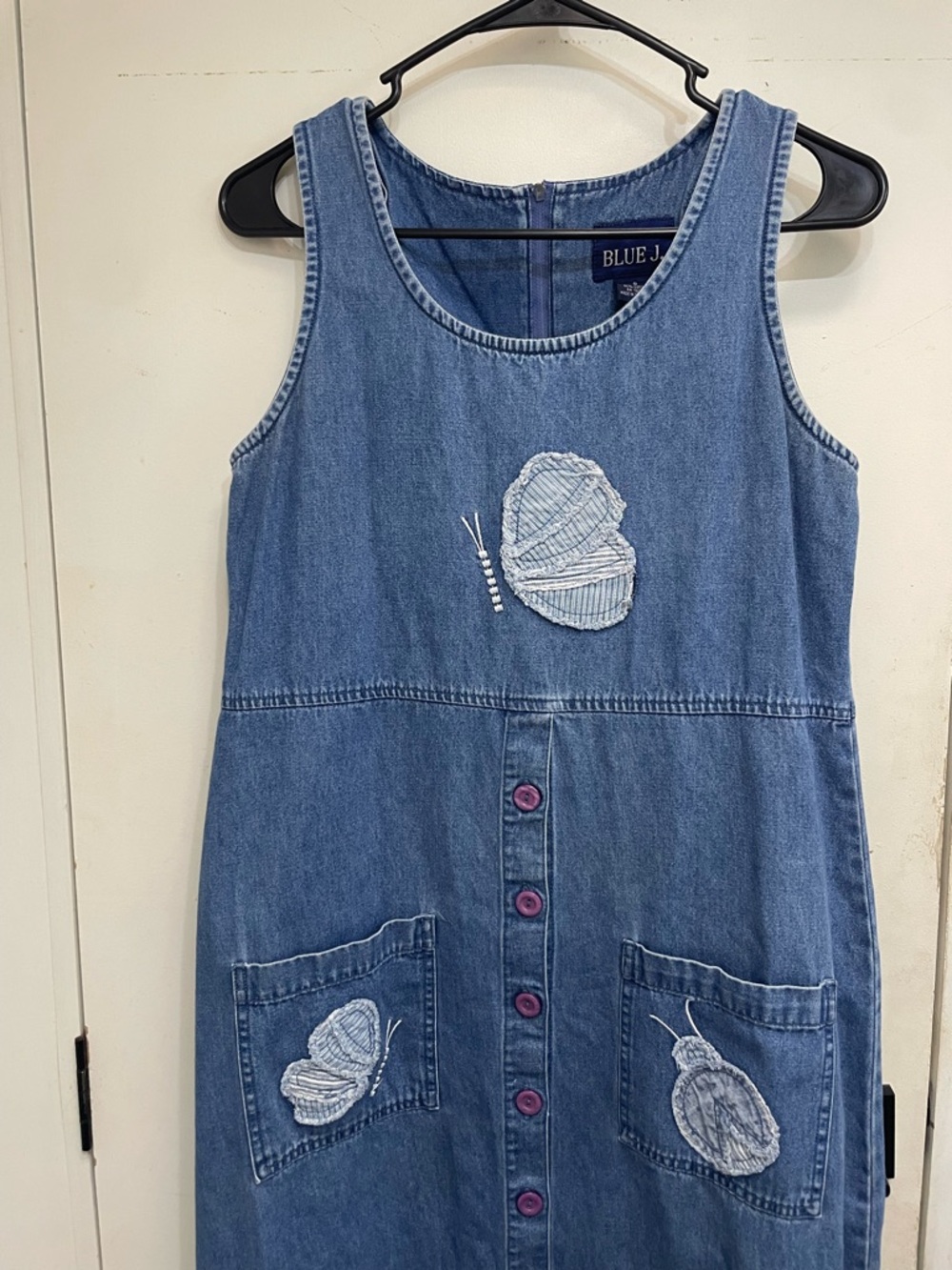 Vintage denim jumper dress nature butterfly sewn on patch S grannycore cottage